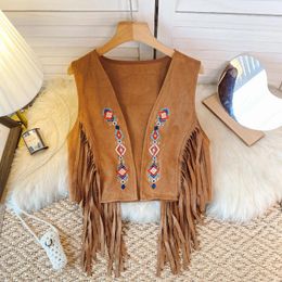 Women's Vests Women Faux Suede Leather Jacket Waistcoat Floral Embroidery Bohemian Vintage Vest Cardigan Tops Tassel Short Coat