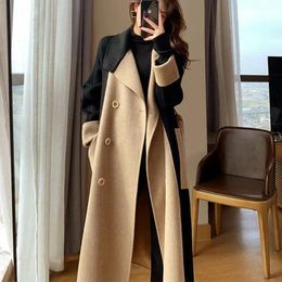 Womens Wool Blends Vintage Woollen Patchwork Trench Coat Women Elegant Korean Oversize Long Jacket Autumn Winter Double Breasted Office Lady Outwear 231113