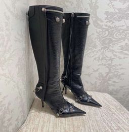 Boots Cagole lambskin leather knee-high boots stud buckle embellished pointed soft Toe stiletto heel tall boot luxury designers shoe for High quality boots