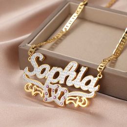 Pendant Necklaces Dascusto Personalized Nameplate Name Necklace Custom 3D 18KGold Plated Double Diamond Choker Pendant Two-Tone Chain For Women T230413
