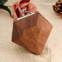 Jewelry Pouches Rustic Wedding Ring Box Unique Diamond Shape Wood Bearer-Case Engagement