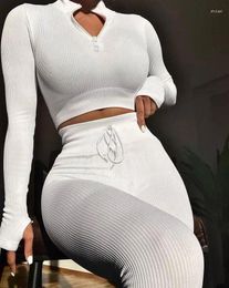 Women's Two Piece Pants Set Women Outfit 2023 White Long Sleeve Zipper Design Crop Top & Drawstring Skinny Fashion Autumn Lady Suits