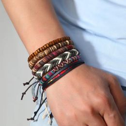 Charm Bracelets Bohemian Leather Bracelet Men Hand-woven Men's Wooden Bead For Mens Jewellery