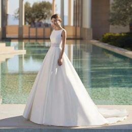 Elegant Long Wedding Dresses Scoop Satin Sleeveless Backless A Line Sweep Train Bridal Gowns Formal Occasion Dress