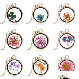 Pendant Necklaces Creative Clovers Gold Plated Mticolor Dried Flower Round Clover Floating Locket Charms Necklace For Woman Dhgarden Dhrc8