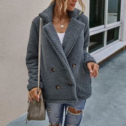 Giacca da donna autunno e inverno in misto lana a maniche lunghe con risvolto in peluche e doppio bottone 231114