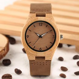 Wristwatches Trendy Coffee Brown Dial Bamboo Wood Ladies Quartz Wristwatch Genuine Leather Watchband Natural Style Wooden Women's