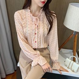 Women's Blouses Shirts Women Blouse Spring French Bow Tie Stand-up Collar Long-sleeved Polka Dot Splicing Top Thin Chiffon Shirt Flared Sleeves 230414