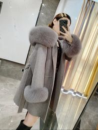 Womens Fur Faux Real Coat Winter Jacket Women 100% Natural Fox Collar Cuffs Cashmere Wool Blends Oversize Outerwear 231113