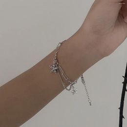 Link Bracelets QMCOCO Silver Color Double Layer Zircon Five-Pointed Star Pendant Bracelet For Woman Light Luxury Exquisite Jewelry