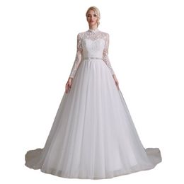 Elegant Wedding Dresses High Neck Muslim Long Sleeves A Line Lace Appliques Crystal Beaded Belt Bride Gown