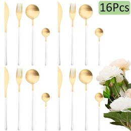 Dinnerware Sets 16Pcs White Gold Set 304 Stainless Steel Cutlery Vintage Steak Knife Fork Tea Spoon Tableware Kitchen Silverware