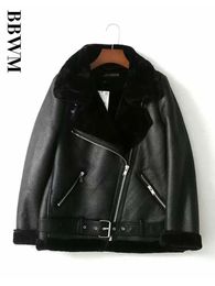 Women's Leather Faux Leather Fur Locomotive Retro with Belt Riding Winter Women's Jacket Long-sleeved Lapel Padded Warm Black Zip Chic Female Coat Tops 231114