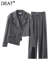 Women's Two Piece Pants DEAT Fashion Women's 2 Pcs Set Asymmetry Diagonal Buckle Suit Jackets High Waist Wide Leg Pants Suits Autumn 17A4885 231114