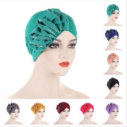 Diamonds Indian Women Muslim Hijab Flower Turban Bonnet Chemo Cap Cancer Headwrap Scarf Femme Hair Loss Hat African Beanie Cover