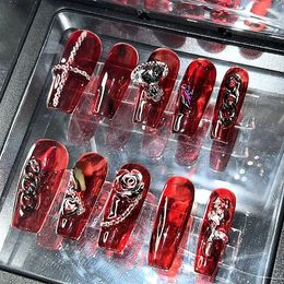 False Nails Y2K Punk Style Blood Red Rose False Nail Tips Press On Nails Art Handmade Reusable Long Coffin Fake Nail With Glue 230413