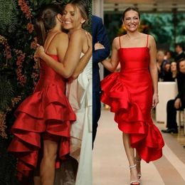 Asymmetrical Red Ruffles Prom Dresses For Women Spaghetti Sexy Backless Special Occasion Dress Tea Length Brithday Party Homecoming Gowns