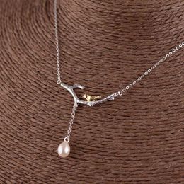 Anhänger 925 Sterling Silber Zweig Vogel Halskette Choker Ethnische Süßwasser Perle Quaste Halsketten Ketten Frauen Schmuck XL02