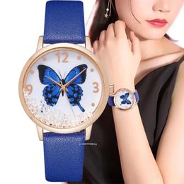 Wristwatches Luxury 2023 Lady Brands Watches Fashion Crystal Blue Butterfly Women Quartz Watch Leisure Leather Strap Female Clock Gifts