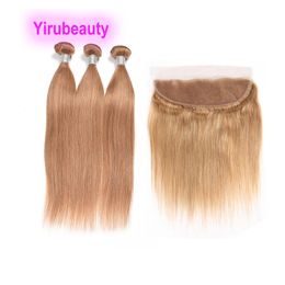 Peruvian Virgin Hair Wefts With 13X4 Lace Frontal Baby Hair Free Part 27# Colour Straight Yirubeauty 10-30inch
