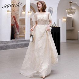 Party Dresses O-Neck Short Sleeves Prom Elegant White/Ivory Sequin Tulle Appliques Evening Dress 2023 Gown Vestidos De Gala