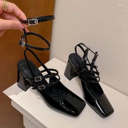Dress Shoes MKKHOU Fashion Sandals Women High Quality Genuine Leather Square Head Slim Ankle Buckle Strap Roman Style Heel