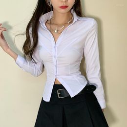 Women's Blouses Summer Fashion Cotton Women Shirt Sexy Blusas White Button Up Slim Long Sleeves Chemise Femme Crop Top Mujer