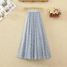 Skirts Summer Glitter sequin Skirts Womens Long Mid MeshTulle Skirt Female Elastic High Waist Sky Bling Pleated Tutu Skirt 230414