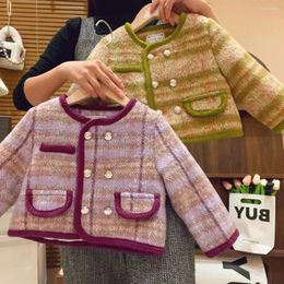 Jackets Girl Coat Thickened Plaid Short Top For Baby Girls 2023 Winter Plus Cotton Double-breasted Woolen