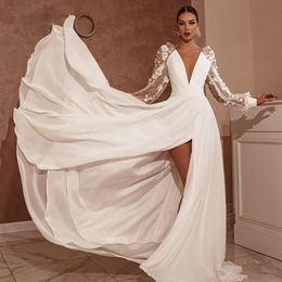 Chiffon Beach A Line Wedding Dresses Puffy Sleeve Civil Bridal Gowns V Neck 3D Flower Side Split Vestidos De Mariage