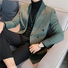 Men's Suits Classic Senior Stripe Blazer Fashion Double Breasted Business Office Wedding Tailcoat Mature High-quality Slim Coat