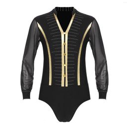 Stage Wear Mens Ballroom Samba Latin Rumba Dance Costume Sparkling Rhinestones Bodysuit V Neck Sheer Mesh Long Sleeve Leotard Costumes