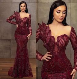 Gorgeous Burgundy Beaded Evening Dresses Mermaid Sheer Neck Prom Dress Long Sleeves Formal Party Second Reception Gowns Arabic Robes De Soiree