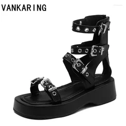 Sandals 2023 Summer Shoes Roman Style Punk Buckle Genuine Leather Woman Wedge Heels Black Dress Zip Casual Gladiator