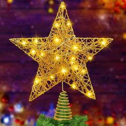 Decorative Objects Figurines Iron Glitter Powder Christmas Tree Topper Star with LED Copper Wire Lights for Home Navidad Ornaments 231114