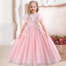 Girl Dresses Girls' Sequin Bubble Sleeve Princess Dress 4-12 Years Old Embroidery Long Pearl Hollow Wedding Party Host Evening Dres