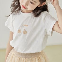 T-shirts children's round neck T-shirt thin flash small cherry print top girls cotton solid Colour half-sleeved 230414