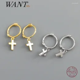 Stud Earrings WANTME Genuine 925 Sterling Silver Retro Religious Simple Cross Tassel Punk For Women Fashion Party Hoop Jewellery