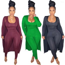 Women's Two Piece Pants Women Sets Long Sleeve Jumpsuits Round Neck Pencil Pullover Solid Slim Fit Sheath Cardigan Casual