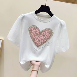 Women's T-Shirt Summer Short Sleeve T-Shirt Fashion Casual O-Neck Heart-Shaped Diamond Female Tshirts Elegant Slim Women's Tops Blusas 230414