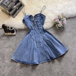 Casual Dresses 2023 Summer Bandage Jean Spaghetti Strap High Quality Denim Clothing