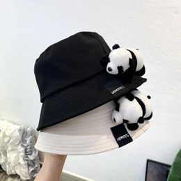 Berets Women's Hat Panama Four Seasons Fisherman Big Round Sun Shade Cartoon Panda Lovely Casual Bucket Cap H04