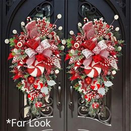 Christmas Decorations Christmas Wreath Garland Candy Cane Bow Ornament Xmas Front Door Hanging Wall Home Decor 231113