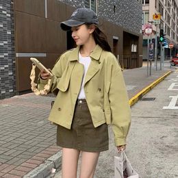 Women's Trench Coats Korean Women Green Short Coat With Sashes Casual Lapel Double-breasted Long Sleeve Female Windbreaker Spring Autumn