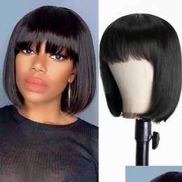 Synthetic Wigs Short Bob Wig With Bangs Brazilian Straight Human Hair Remy Cut For Black Women Fl Hine Made Drop Delivery Products Dhxdf