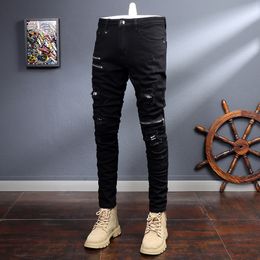 Men's Jeans Streetwear Fashion Black Jeans Men Elastic Slim Fit Destroyed Ripped Jeans Zipper Designer Hip Hop Punk Denim Pencil Pants Men 230414