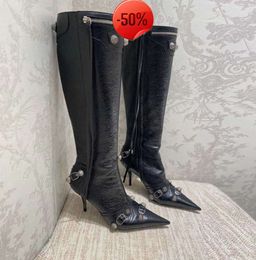 Cagole lambskin leather knee-high boots stud buckle side zip shoes pointed Toe stiletto heel tall boot luxury designers shoe for Fashion leather shoes