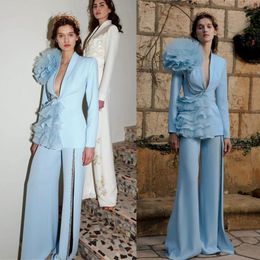 Luxury Crystals Women Pants Suits Sets 2 Pieces Blazer With Ruffles Tull Wide Leg Designer Custom Made Party Prom Dress