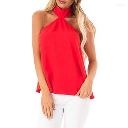 Women's Blouses Off Shoulder Top Red Chiffon Blouse Ladies Tops Halter Tank Summer Sleeveless Shirt O Neck Camisas Mujer Elegant Blusas 2023