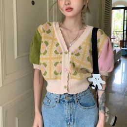 Women's Knits V Neck Short Sleeved Knitted Floral Cardigan Sweet Summer Button Sweaters Sueters Mujer Y2k Crop Tops Printed Flower